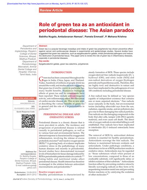 Role of green tea as an antioxidant in periodontal disease: The .